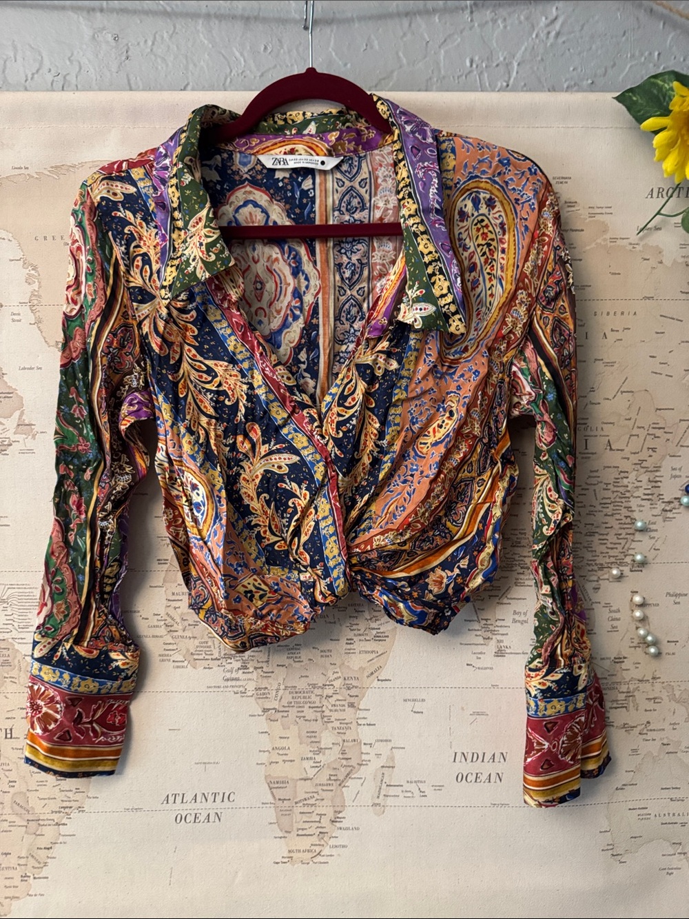 Zara Multicolor Paisley Twist-Front Button Down - Navy, Rust, Green, Purple